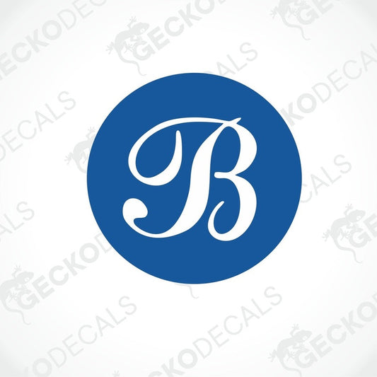 Blue circular BESSACARR sticker with white cursive B logo for caravan interior or exterior use