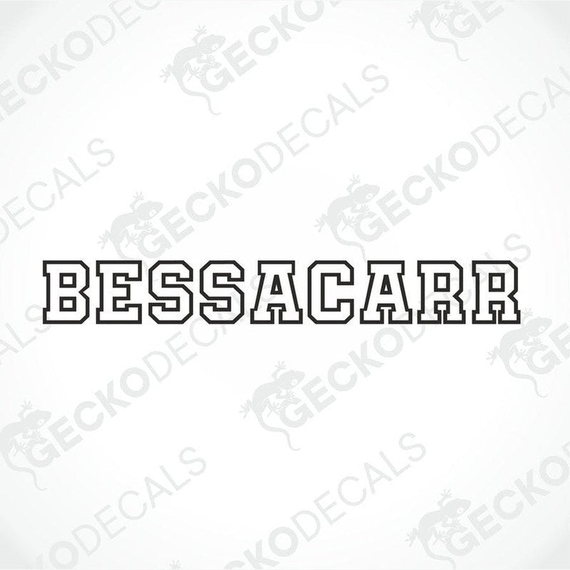 BESSACARR die-cut caravan sticker in black block font on white background