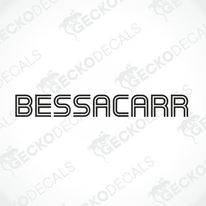 Black double-lined BESSACARR block lettering die-cut decal for caravans