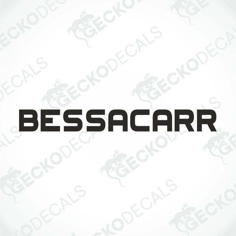 Black BESSACARR uppercase sans-serif lettering die cut sticker on white background