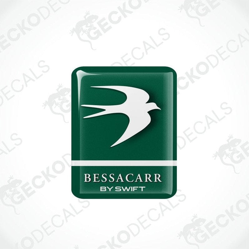 BESSACARR BY SWIFT dark green domed epoxy decal with white swift bird logo