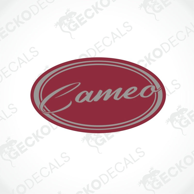 Bessacarr Cameo oval sticker maroon with silver cursive text and double border
