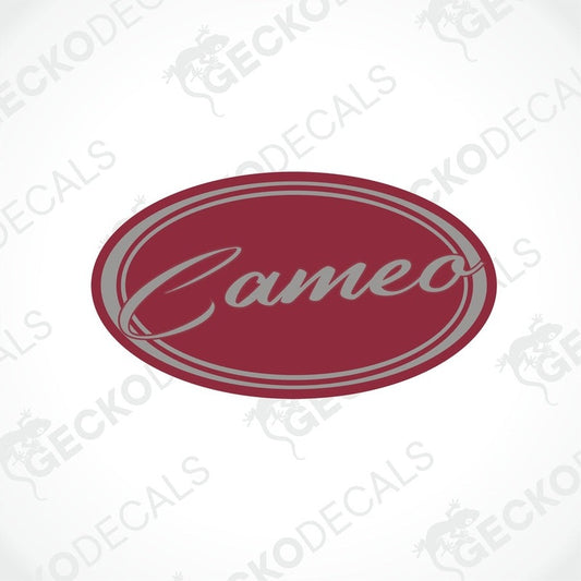 Bessacarr Cameo oval sticker maroon with silver cursive text and double border