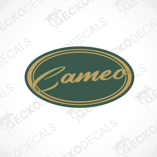 BESSACARR CAMEO oval decorative sticker dark green with gold borders and cursive text
