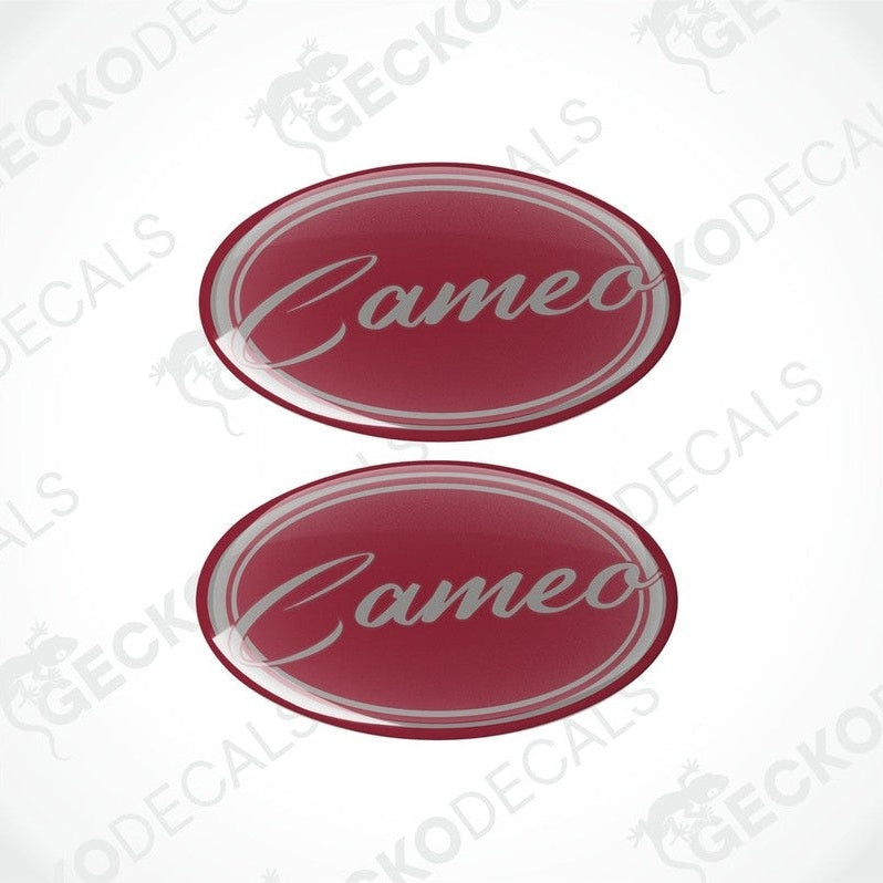 Set of two BESSACARR Cameo vinyl decals featuring deep red background and polyurethane coating