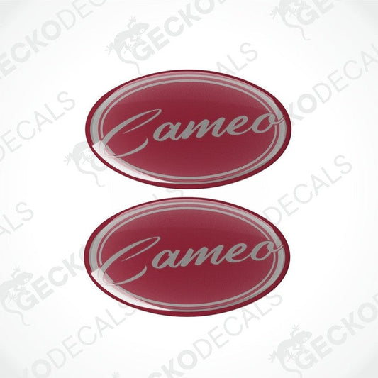Set of two BESSACARR Cameo vinyl decals featuring deep red background and polyurethane coating