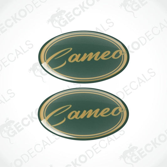 BESSACARR CAMEO epoxy resin decals set with domed gold lettering on dark green