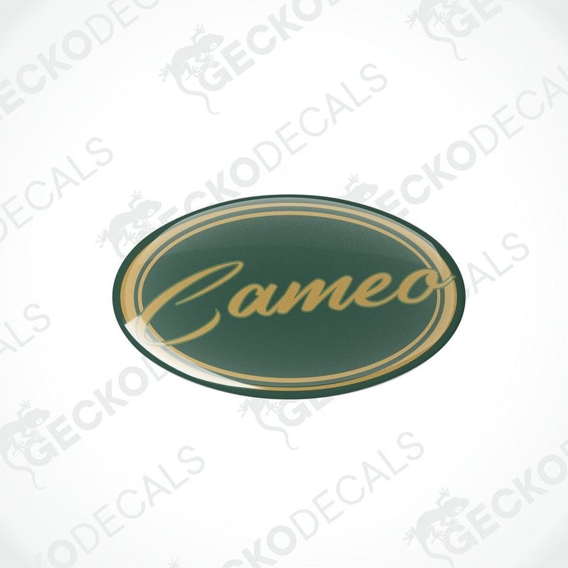 Single BESSACARR CAMEO oval vinyl decal featuring glossy domed epoxy finish