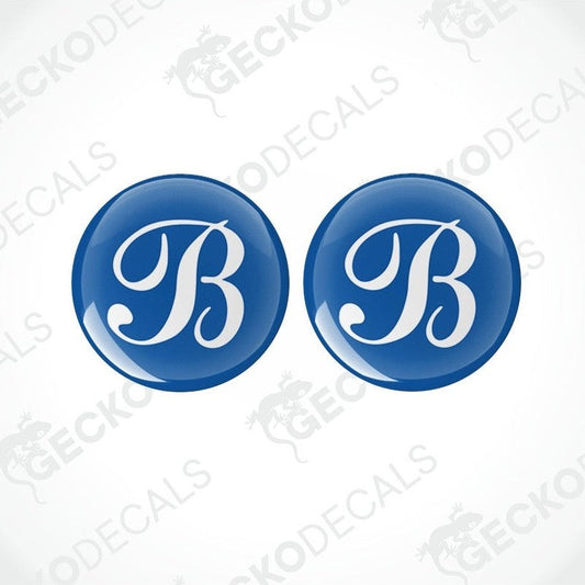 Set of two blue BESSACARR caravan epoxy decals featuring domed glossy finish