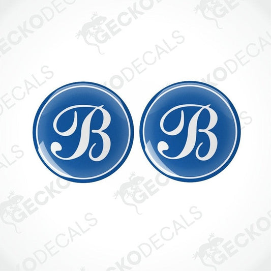 Bessacarr Caravans epoxy resin decal set with blue domed vinyl stickers featuring white cursive B logo