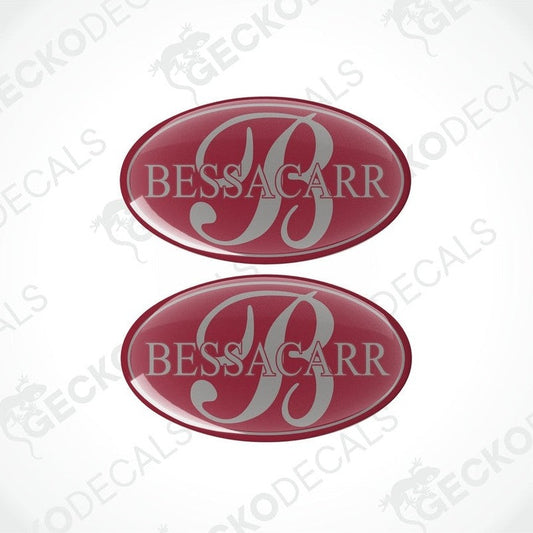 Set of two Bessacarr caravan vinyl decals with glossy red dome coating