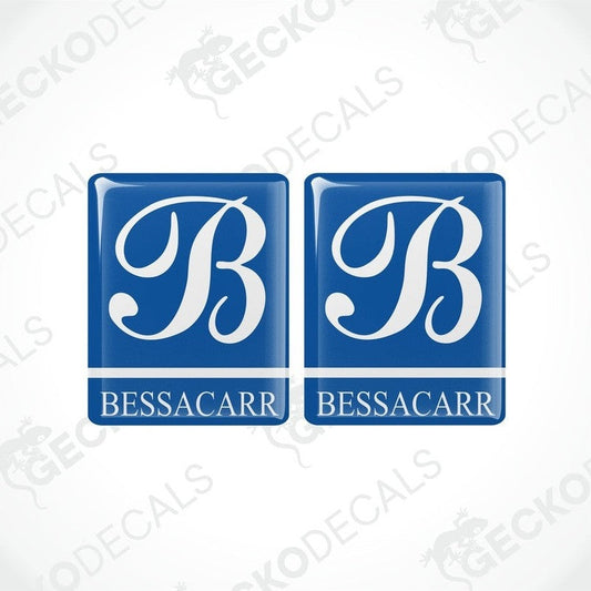 BESSACARR Caravans epoxy resin decals set with domed blue finish and white logo