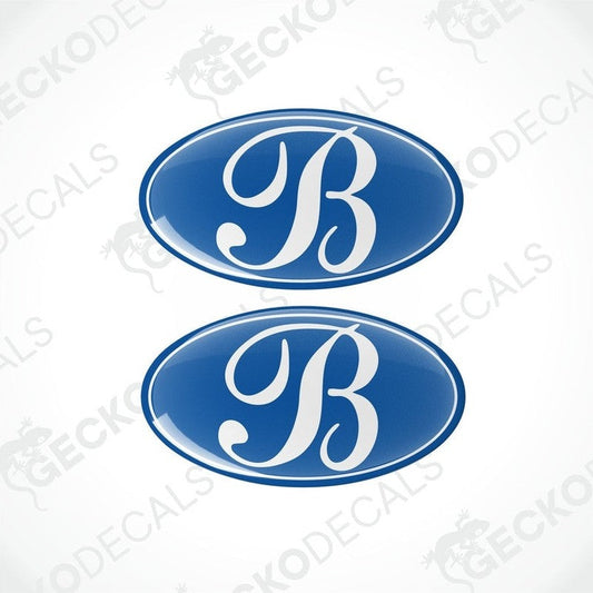 BESSACARR Caravans epoxy resin decals set with glossy blue domed finish and white cursive B logo
