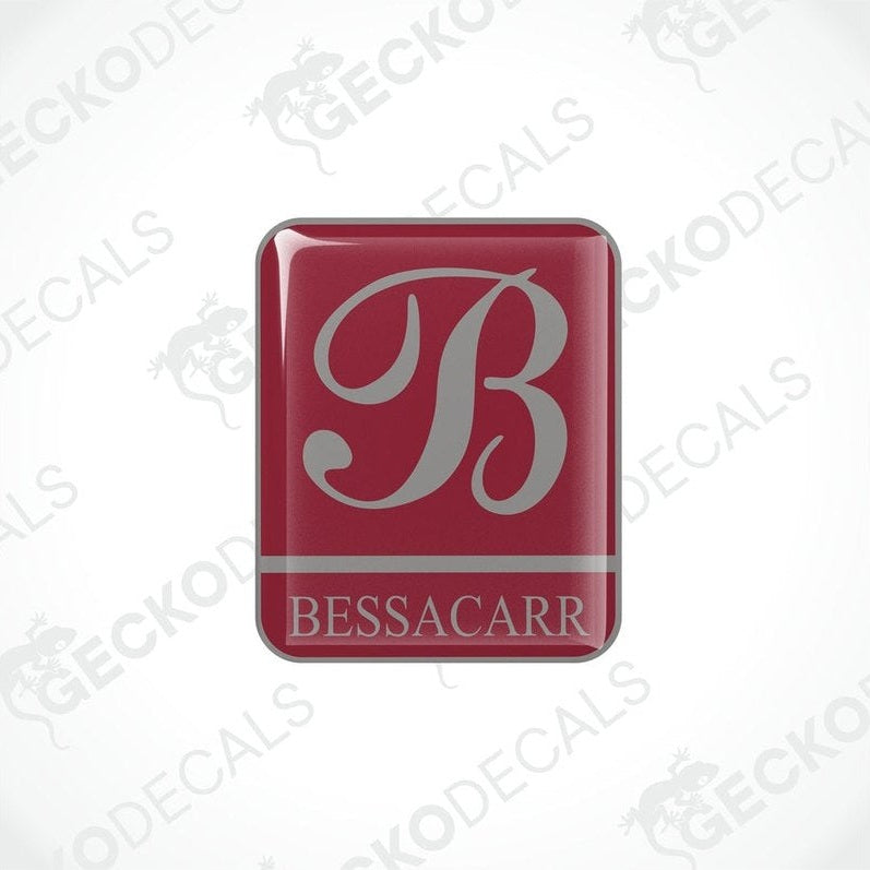 Bessacarr Caravans epoxy resin decal with domed finish and red background