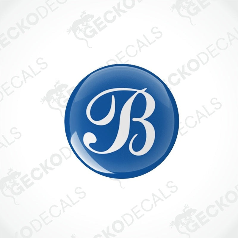 Blue BESSACARR epoxy resin decal with domed finish and white cursive B logo