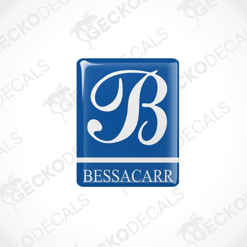 Single BESSACARR Caravan vinyl decal featuring glossy blue dome coating and white lettering