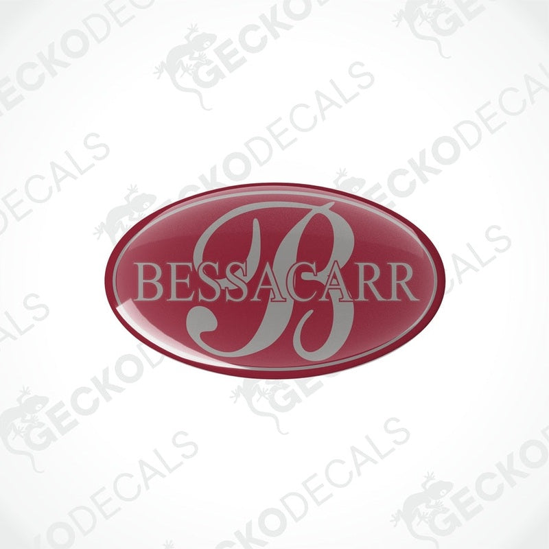 Bessacarr Caravan epoxy decal with domed red finish and silver B logo