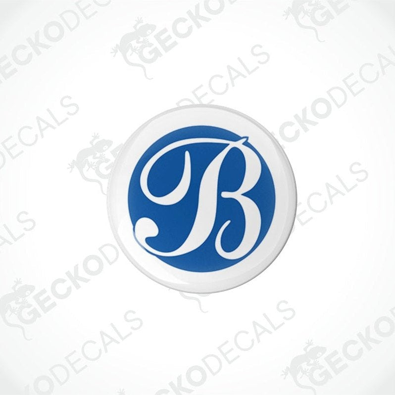 Bessacarr Caravans epoxy decal with domed finish and white B logo on blue background