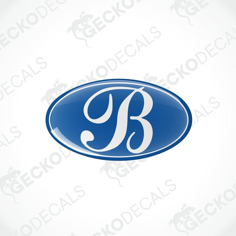 Single BESSACARR caravan epoxy decal featuring glossy blue dome coating and white stylized B letter
