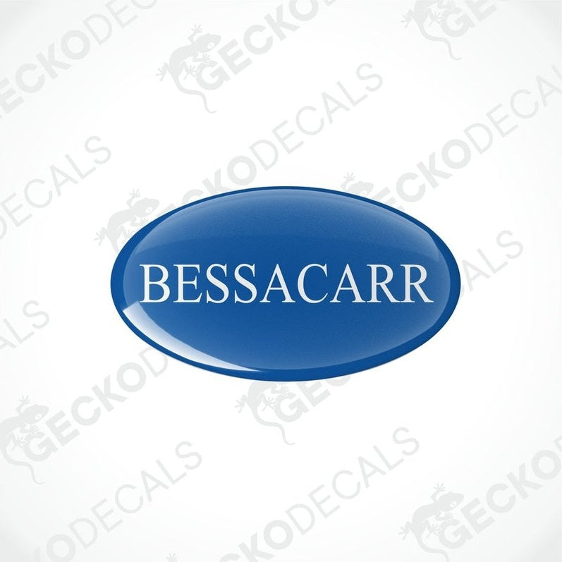 Single BESSACARR Caravan blue vinyl decal with glossy domed epoxy coating