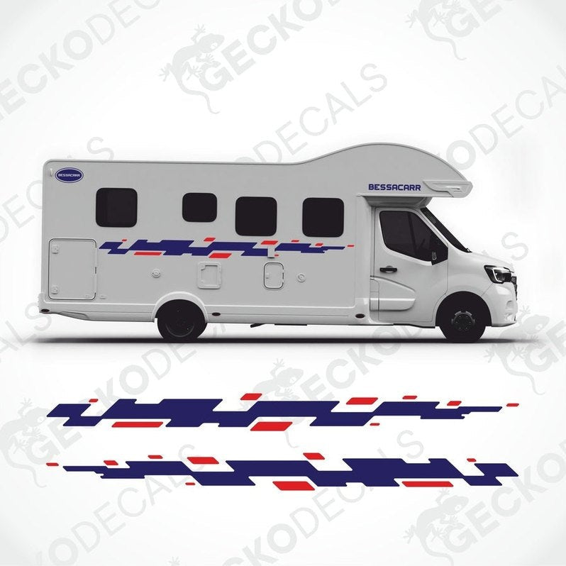 Navy blue and red BESSACARR vinyl decals installed on white motorhome side profile showing fit and design