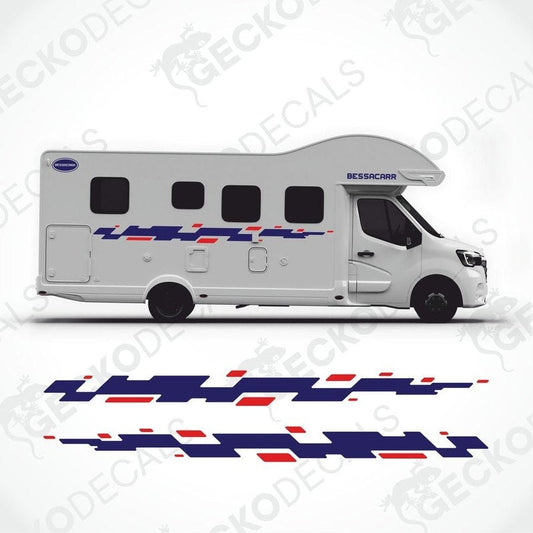 Navy blue and red BESSACARR vinyl decals installed on white motorhome side profile showing fit and design