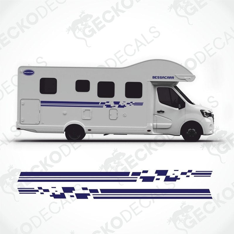 Dark blue BESSACARR caravan decal kit applied to white motorhome exterior