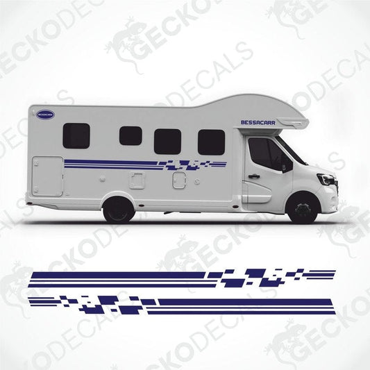Dark blue BESSACARR caravan decal kit applied to white motorhome exterior