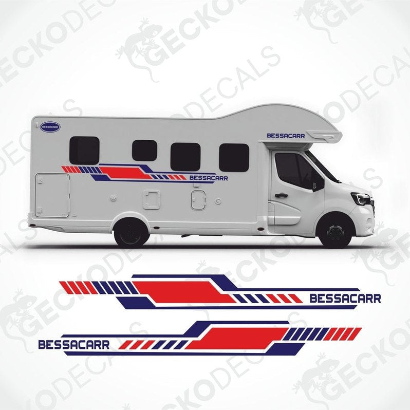BESSACARR caravan sticker set with red and navy side decals and oval logos applied to motorhome