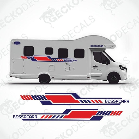 BESSACARR caravan sticker set with red and navy side decals and oval logos applied to motorhome