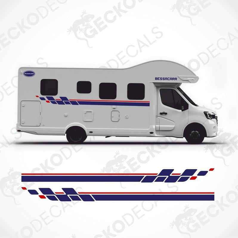 BESSACARR caravan sticker set with blue red stripes and logo applied to motorhome side