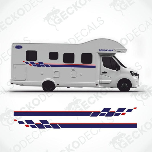 BESSACARR caravan sticker set with blue red stripes and logo applied to motorhome side