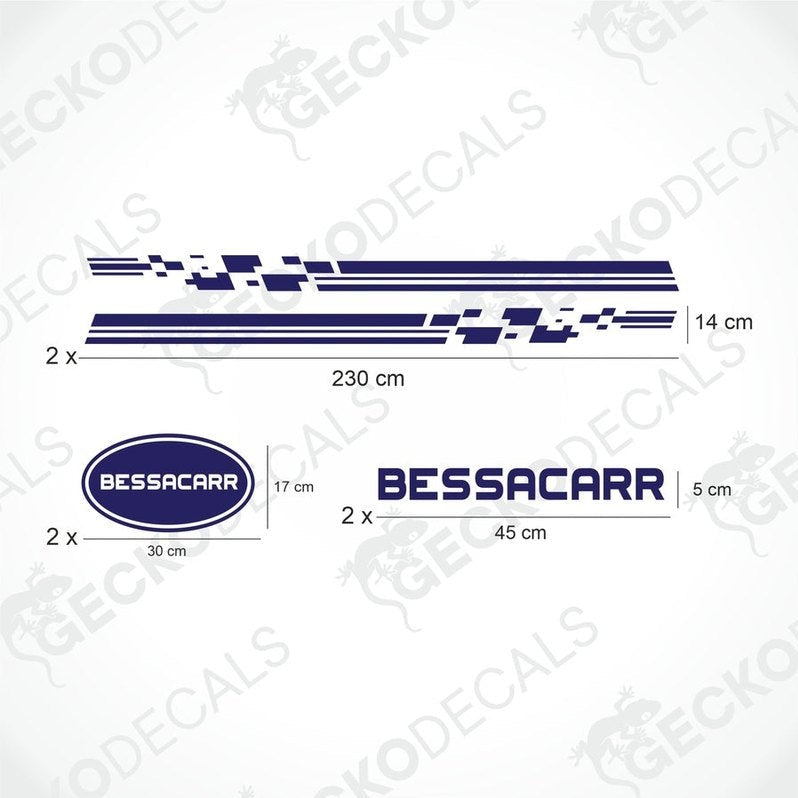 BESSACARR caravan sticker set with dark blue side decals, oval logos and text on transfer paper