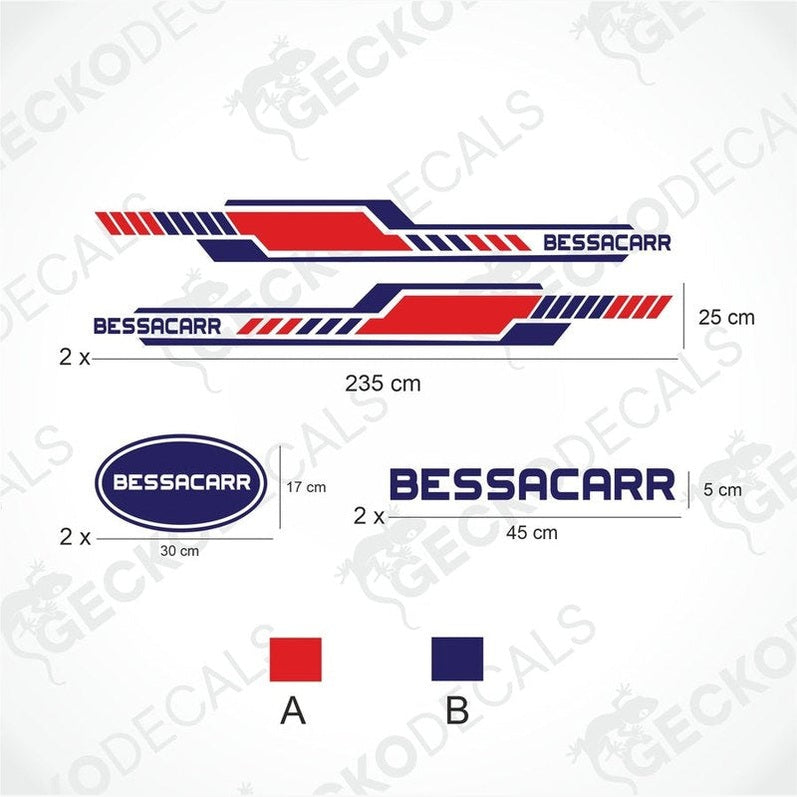 Die cut BESSACARR caravan decal kit layout showing red and navy blue side stripes and logo dimensions
