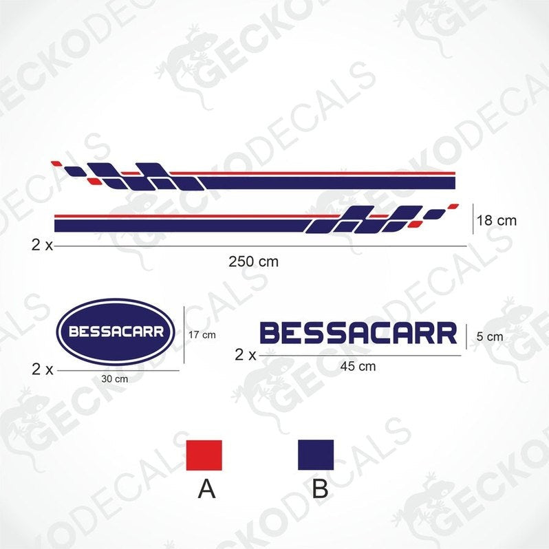 Die cut BESSACARR caravan decal kit dimensions layout with blue red geometric pattern