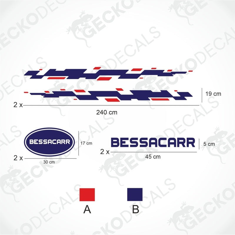 BESSACARR caravan decal set layout with navy blue and red side stripes, oval logos, and text on transfer paper