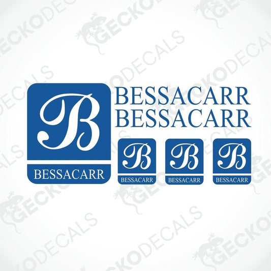 BESSACARR logo sticker set with blue and white die-cut decals for caravan interior or exterior use
