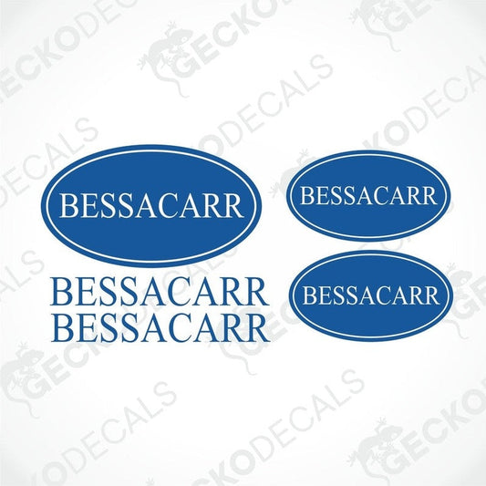 BESSACARR caravan logo sticker set with blue oval and rectangular decals on transfer paper