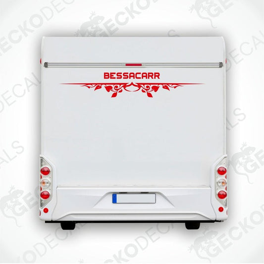 Red BESSACARR caravan rear decal with floral vine motif on white exterior