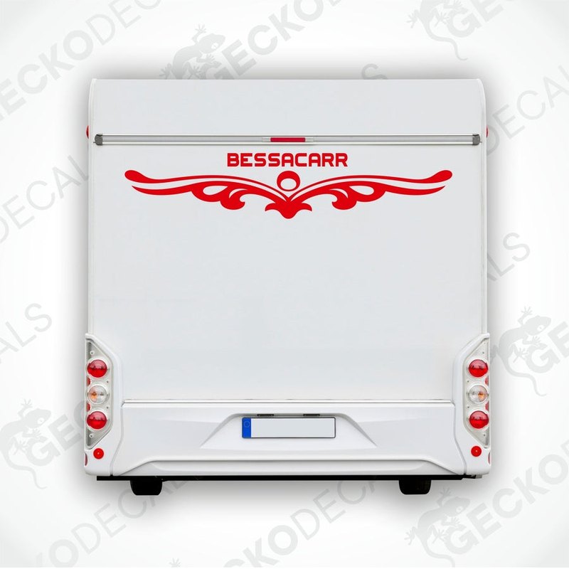 BESSACARR red die-cut caravan rear decal with winged scrollwork design applied to white vehicle
