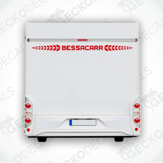 BESSACARR caravan rear decal sticker with leaf motifs applied to white exterior