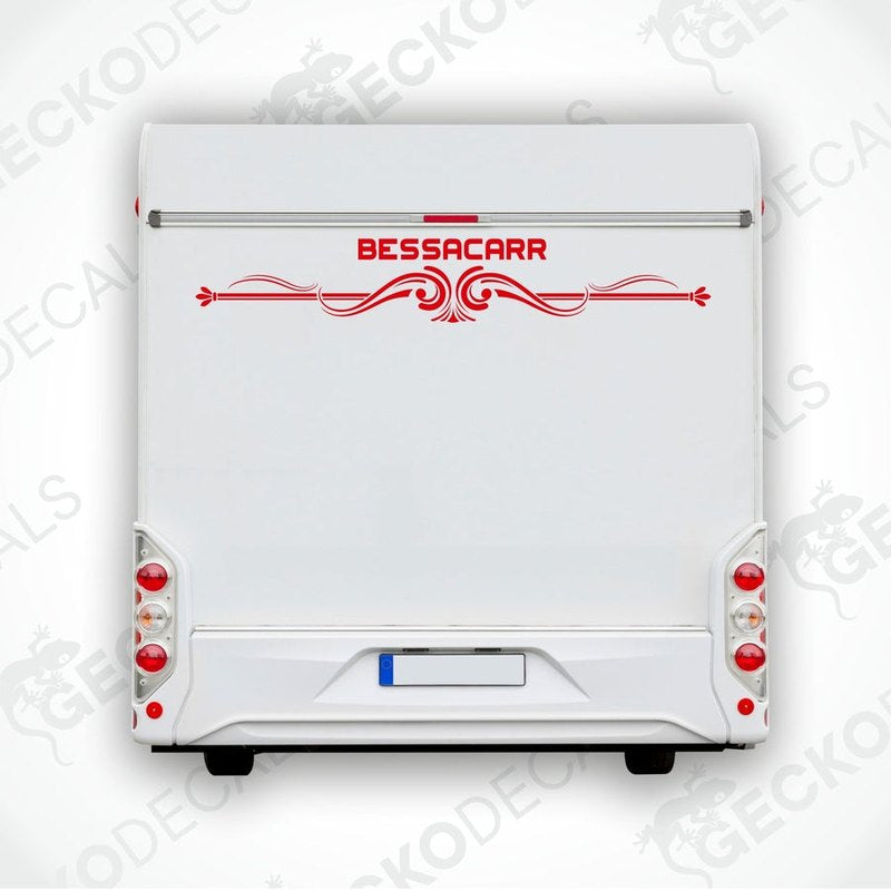 Red BESSACARR rear caravan decal applied to white caravan door