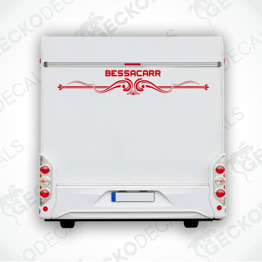 Red BESSACARR rear caravan decal applied to white caravan door