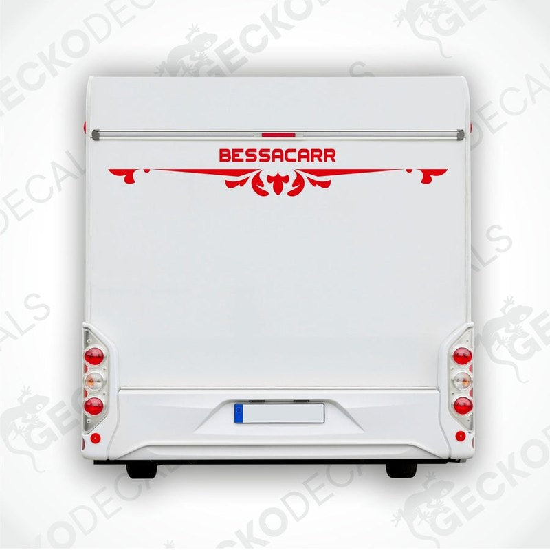 Red BESSACARR caravan rear decal with ornate scroll flourish applied to white caravan