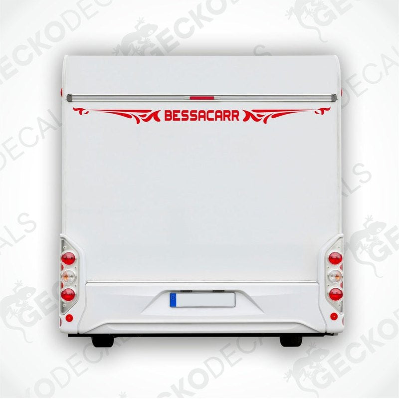 BESSACARR red caravan rear decal with ornamental scrollwork applied to white exterior