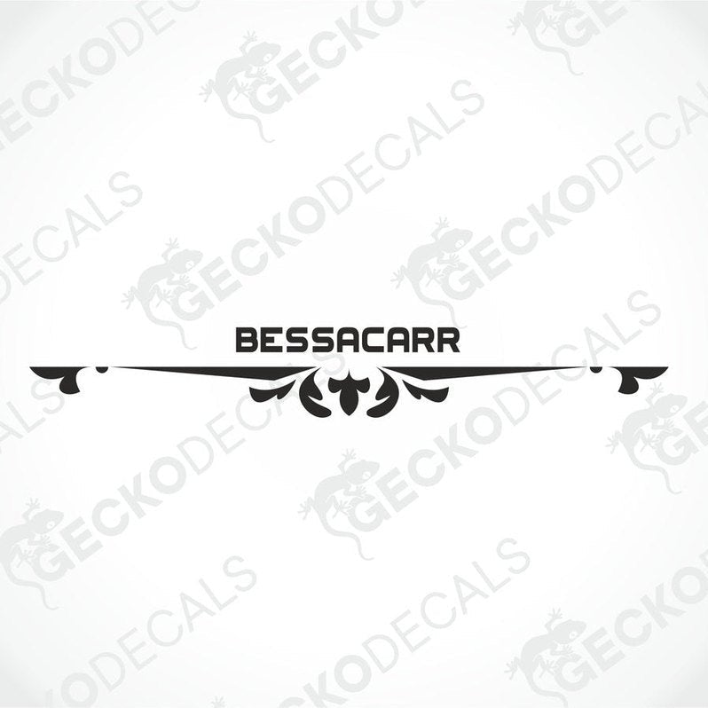 Black die-cut BESSACARR caravan sticker design with decorative scroll motif on transfer paper