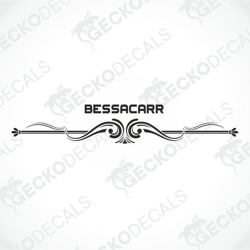 BESSACARR black die-cut caravan decal with ornate scrollwork flourish