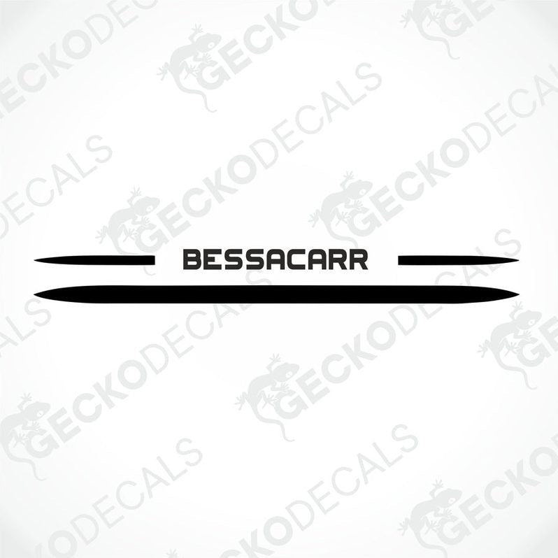 Black and white BESSACARR die-cut caravan decal design mockup