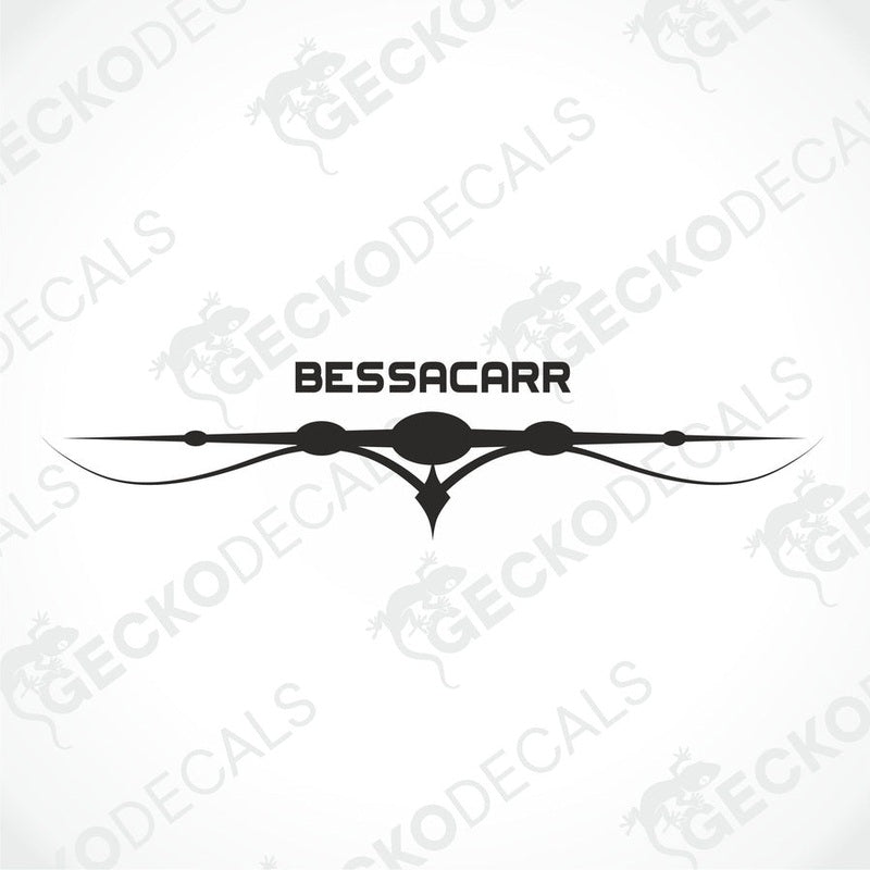 Black and white BESSACARR die-cut sticker vector graphic with symmetrical ornament