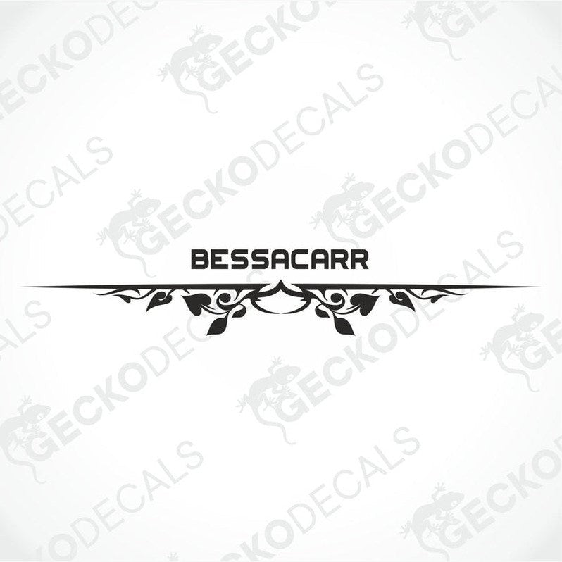 Black and white BESSACARR die-cut sticker design with ornamental vine pattern